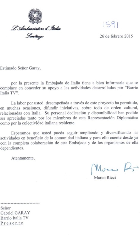Carta de Reconocimiento: Embajada de Italia en Chile