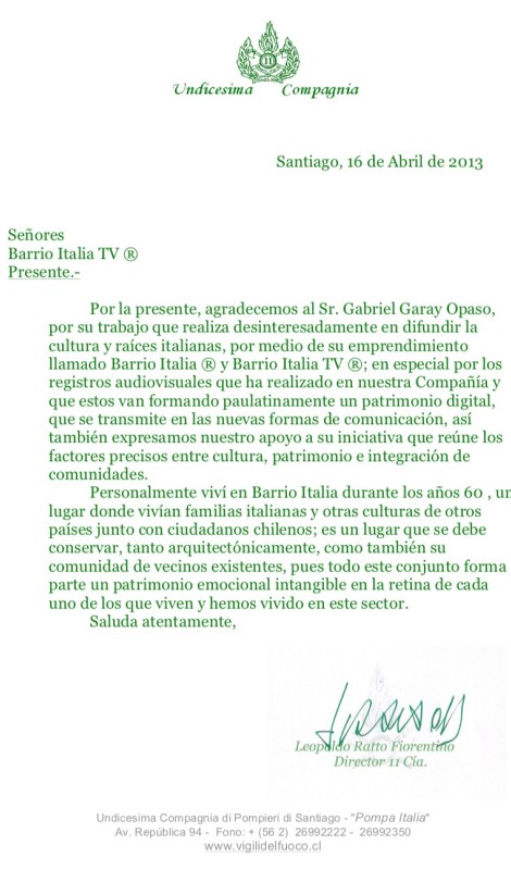 Carta de Reconocimiento: Bomberos Italianos en Santiago, Chile